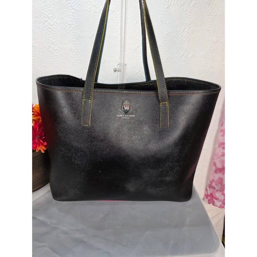 Kurt Geiger London Richmond Shopper Tote Black Leather Rainbow Stitch Bag